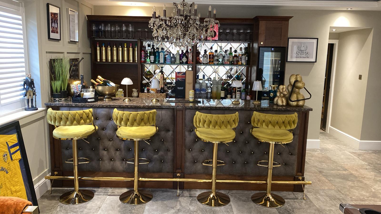 Luxury home bar crafted from solid walnut and walnut veneers with quartz tops and diamond mirrored back panels